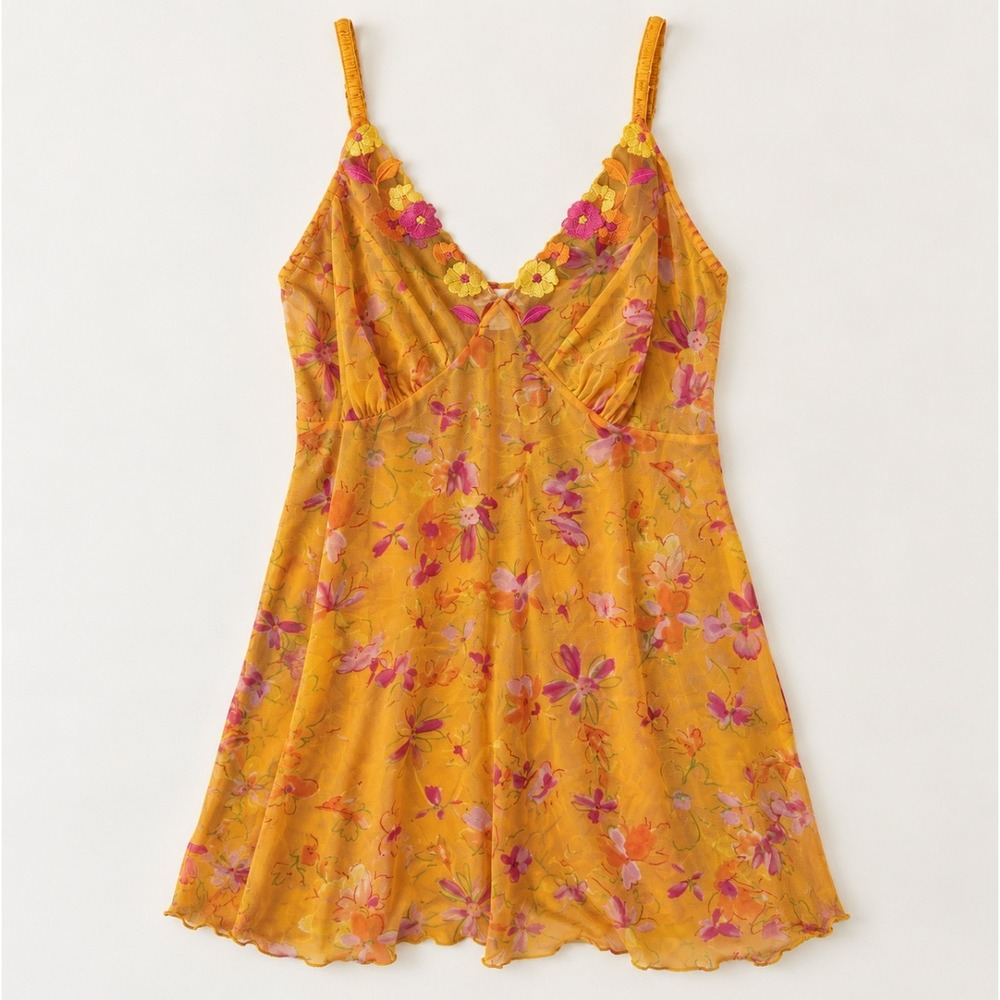 Vintage Y2K Slip Dress Chemise Mesh Floral Sheer 18 20 Orange Lingerie Fairycore